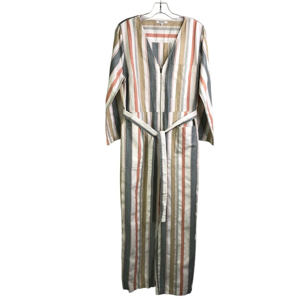 Madewell Jumpsuit Womens Sz 12 Multicolor Long Sleeve VNeck Zip Up Striped